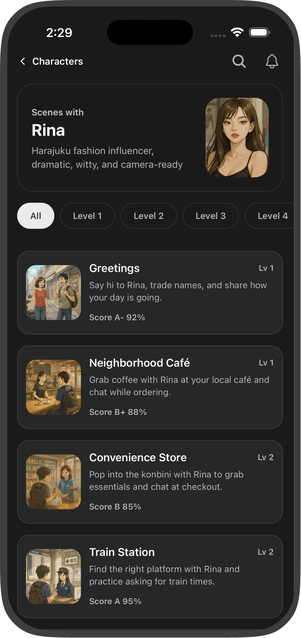 Scene selection screen inside Chatomo